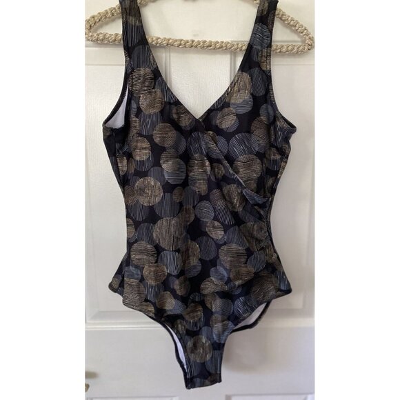 Byron Blue Australia Womans One Piece Swimsuit Black Gold Blue Circle Size 12 - Picture 11 of 16